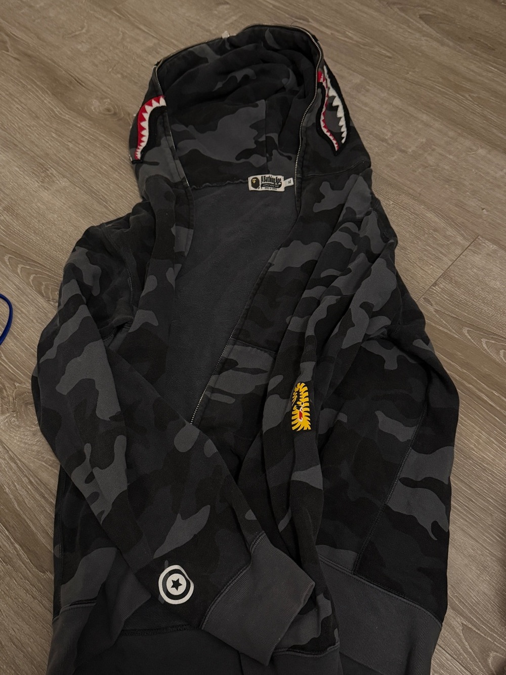 Bape Men's Black & Gray Camo Shark Zip-Up Hoodie with Shark Teeth Detail